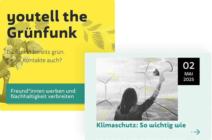 Teaser zur Aktion ‚youtell the Grünfunk‘ neben einer Blogartikel-Karte zum Thema Klimaschutz mit Windrädern und Datum.