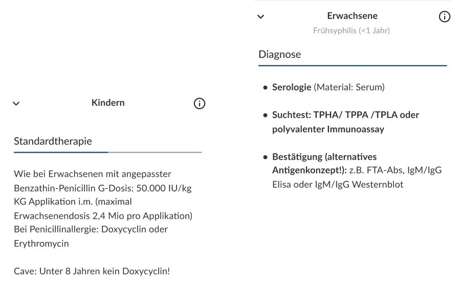 UI-Ausschnitt der DSTIG-App mit strukturierten Leitlinieninhalten zu STI-Diagnose und Standardtherapie, getrennt nach Erwachsenen und Kindern und übersichtlich in Karten dargestellt.