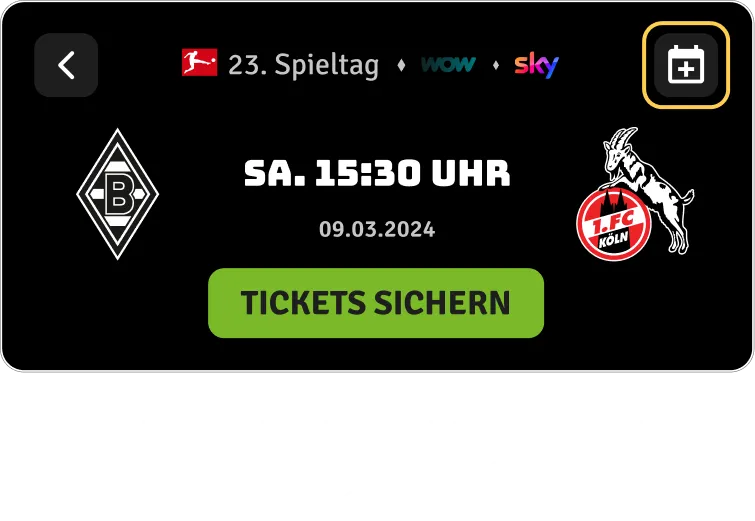 Fokussiertes Kalender-Icon im Spielkarten-Header mit zugehörigem Screenreader-Alt-Text zum Eintragen des Spieltermins in den Kalender.