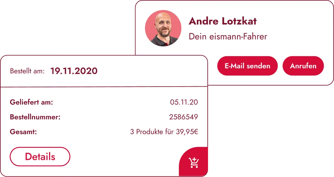 Bestellübersicht in der Eismann App mit persönlicher Fahreransicht, Bestelldetails und direkter Kontaktmöglichkeit für nachhaltige Kundenbindung.