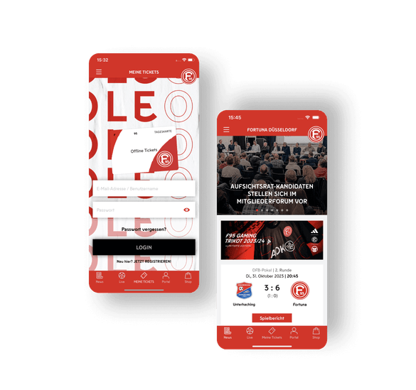 Die ersten beiden Screens der App stellen den Login dar sowie auch die Startseite, auf der die neusten Trikots und Spielberichte dargestellt sind.