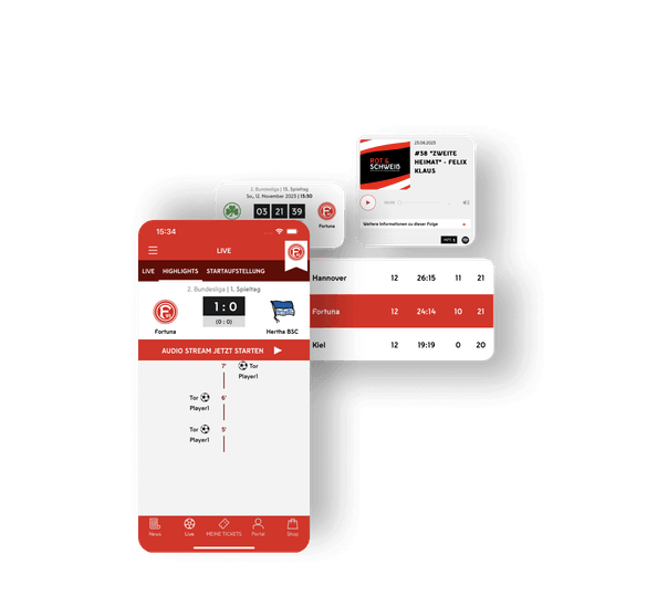 Im nächsten Abschnitt wird der Tab “Live” auf verschiedenen Screens dargestellt, wie der Live Ticker, Spielstand, Startaufstellungen und Audio Stream.