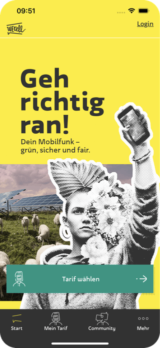Eine Abbildung der Startseite der WEtell-App wird präsentiert, die für klimapositive Mobilfunktarife wirbt und zum Engagement in einer nachhaltigen Community einlädt.