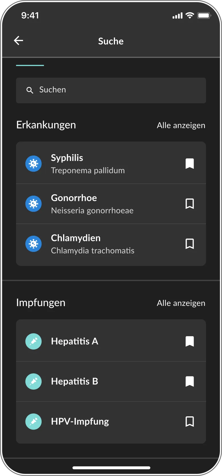 Suchansicht der DSTIG-App im Dark Mode mit Ergebnislisten zu Erkrankungen und Impfungen.